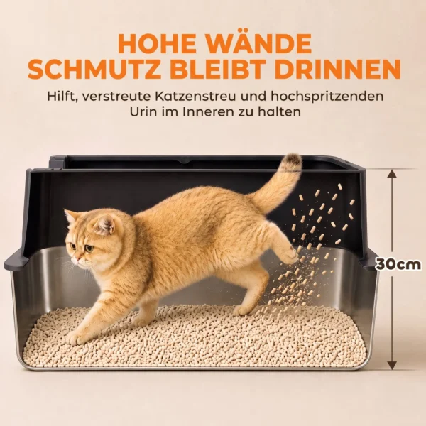 2 delige Set XL Roestvrijstalen Kattenbak Met Hoge Rand Deksel 60x40x30cm Halfopen Met 2 Scheppen, Voor Grote Katten Tot 8 Kg