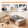 2 delige Set XL Roestvrijstalen Kattenbak Met Hoge Rand Deksel 60x40x30cm Halfopen Met 2 Scheppen, Voor Grote Katten Tot 8 Kg