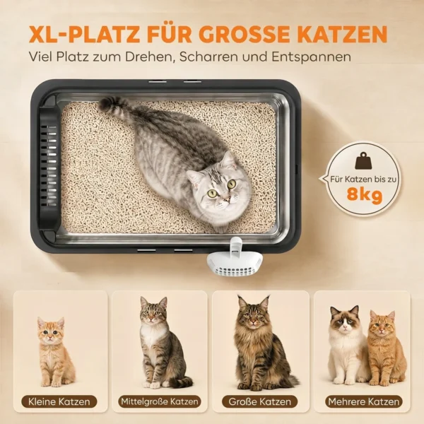 2 delige Set XL Roestvrijstalen Kattenbak Met Hoge Rand Deksel 60x40x30cm Halfopen Met 2 Scheppen, Voor Grote Katten Tot 8 Kg