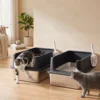 2 delige Set XL Roestvrijstalen Kattenbak Met Hoge Rand Deksel 60x40x30cm Halfopen Met 2 Scheppen, Voor Grote Katten Tot 8 Kg