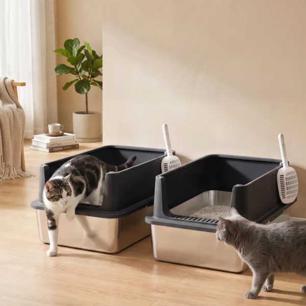 2 delige Set XL Roestvrijstalen Kattenbak Met Hoge Rand Deksel 60x40x30cm Halfopen Met 2 Scheppen, Voor Grote Katten Tot 8 Kg