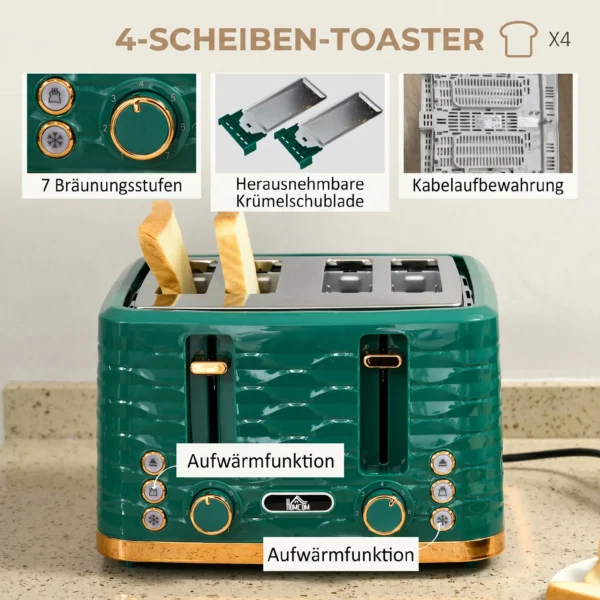 2 in 1 Broodrooster En Waterkoker Set, 7 Bruiningsniveaus, Ontdooi En Opwarmfunctie, Groen