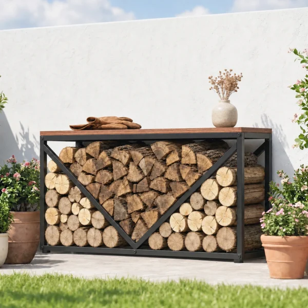 2 in 1 Haardhoutrek Voor Binnen 98 X 28 X 50 Cm Verhoogd Brandhoutrek Met Plank Scheidingswand Bijzettafel