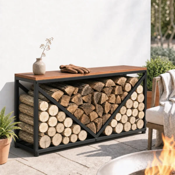 2 in 1 Haardhoutrek Voor Binnen 98 X 28 X 50 Cm Verhoogd Brandhoutrek Met Plank Scheidingswand Bijzettafel
