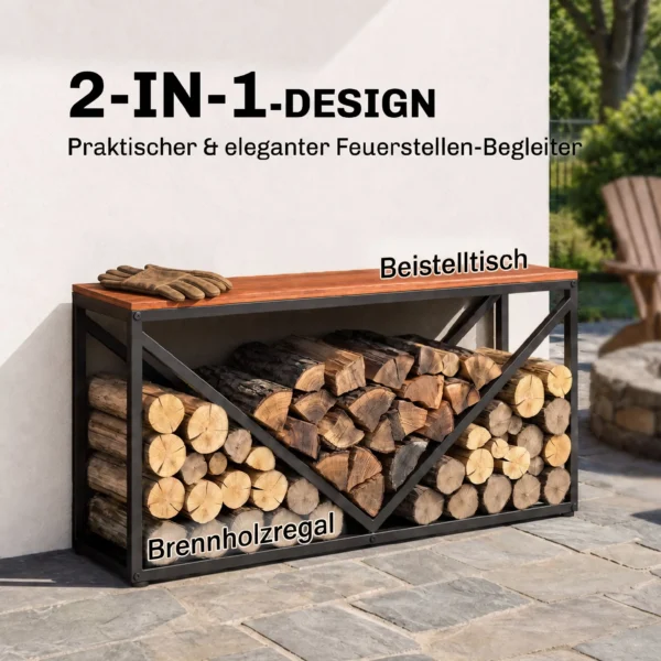 2 in 1 Haardhoutrek Voor Binnen 98 X 28 X 50 Cm Verhoogd Brandhoutrek Met Plank Scheidingswand Bijzettafel