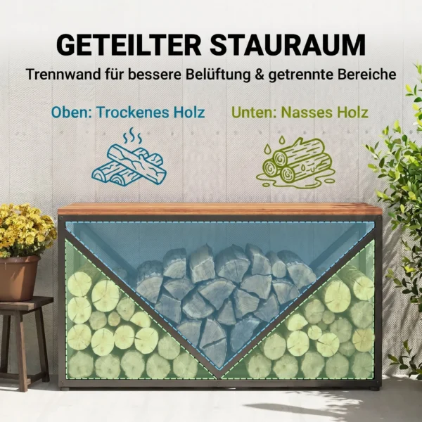2 in 1 Haardhoutrek Voor Binnen 98 X 28 X 50 Cm Verhoogd Brandhoutrek Met Plank Scheidingswand Bijzettafel