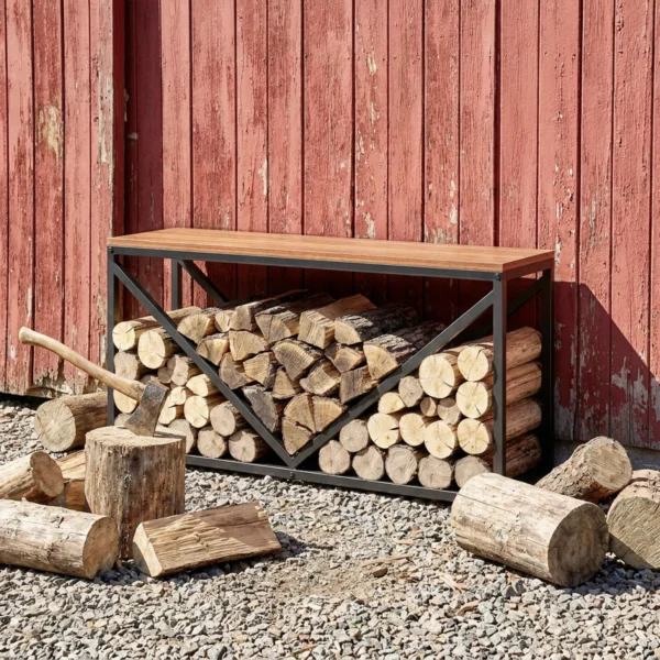 2 in 1 Haardhoutrek Voor Binnen 98 X 28 X 50 Cm Verhoogd Brandhoutrek Met Plank Scheidingswand Bijzettafel