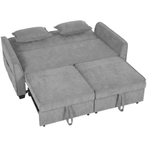 2 Sitzer Schlafsofa, 4 in 1 L förmiges Ausziehsofa Mit Verstellbarer Rückenlehne Und Seitentaschen, Grau