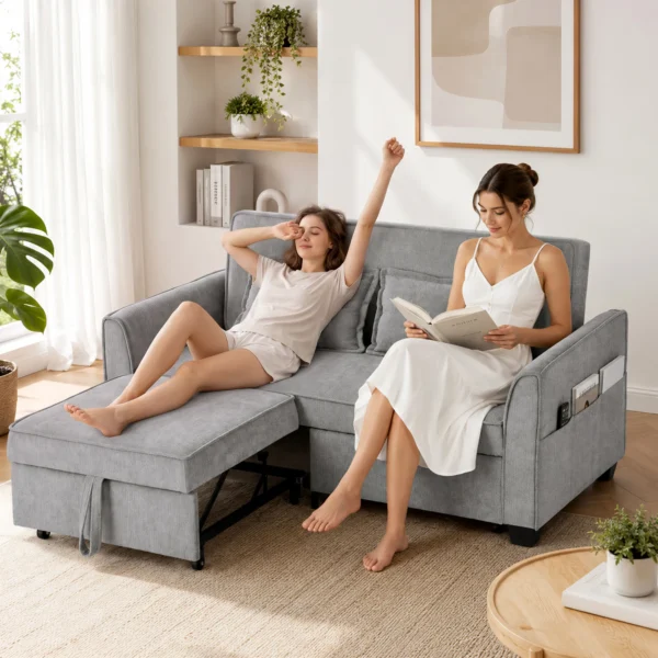 2 Sitzer Schlafsofa, 4 in 1 L förmiges Ausziehsofa Mit Verstellbarer Rückenlehne Und Seitentaschen, Grau