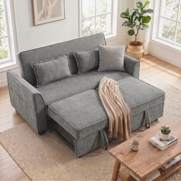 2 Sitzer Schlafsofa, 4 in 1 L förmiges Ausziehsofa Mit Verstellbarer Rückenlehne Und Seitentaschen, Grau
