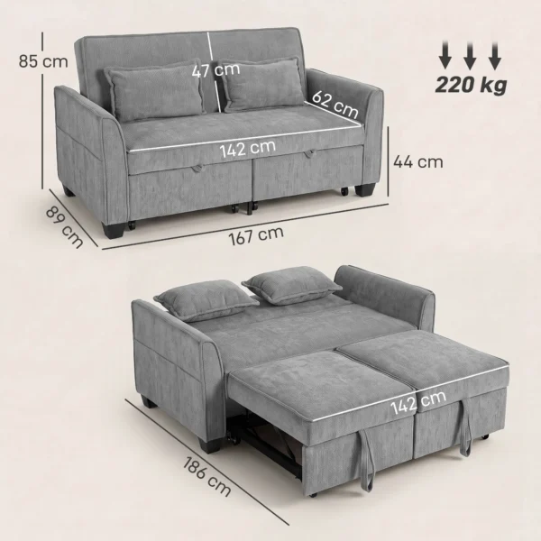 2 Sitzer Schlafsofa, 4 in 1 L förmiges Ausziehsofa Mit Verstellbarer Rückenlehne Und Seitentaschen, Grau