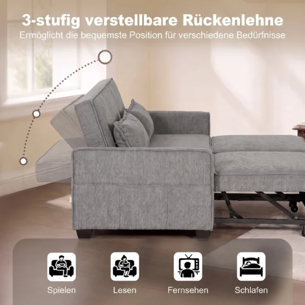 2 Sitzer Schlafsofa, 4 in 1 L förmiges Ausziehsofa Mit Verstellbarer Rückenlehne Und Seitentaschen, Grau
