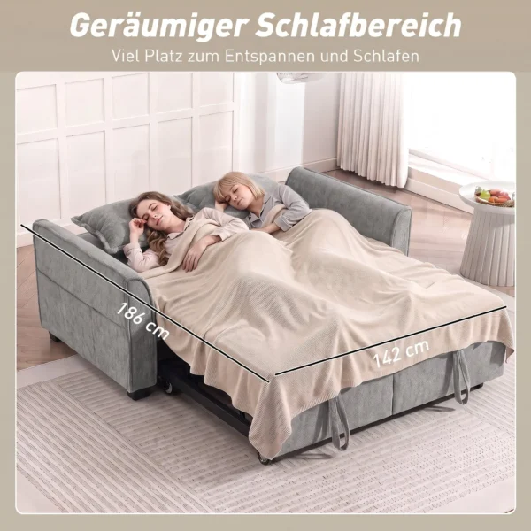 2 Sitzer Schlafsofa, 4 in 1 L förmiges Ausziehsofa Mit Verstellbarer Rückenlehne Und Seitentaschen, Grau