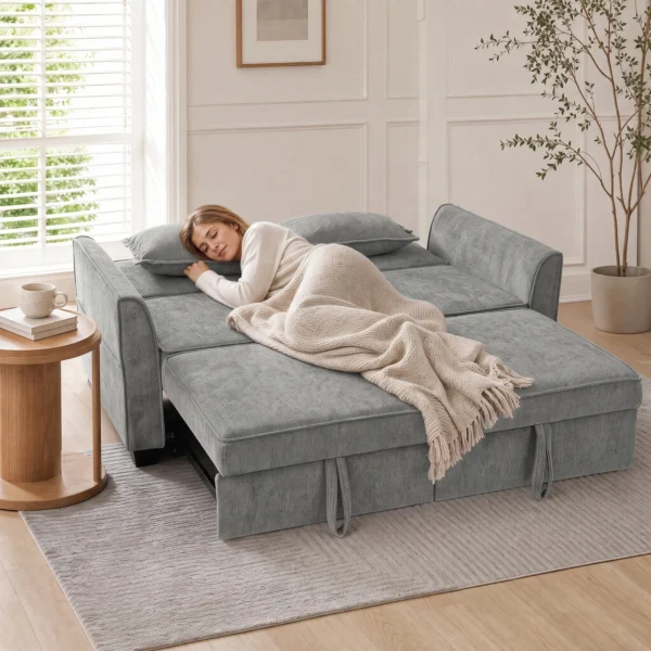 2 Sitzer Schlafsofa, 4 in 1 L förmiges Ausziehsofa Mit Verstellbarer Rückenlehne Und Seitentaschen, Grau