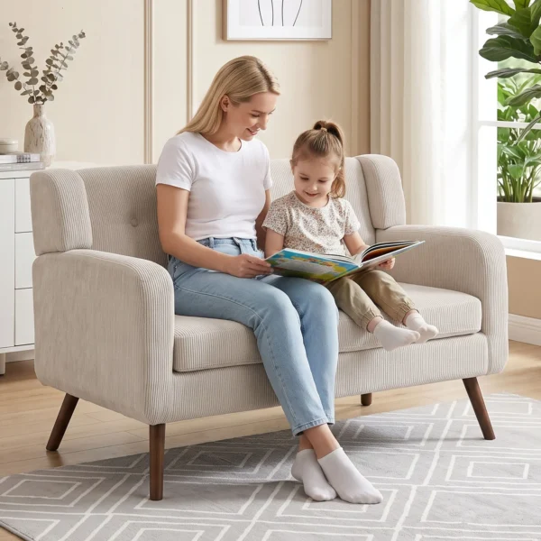 2 zits Bank Van 118 Cm Met Corduroy look, Knoopstiksels Comfortabele Moderne Gestoffeerde Bank Met Houten Poten Voor Kleine Ruimtes