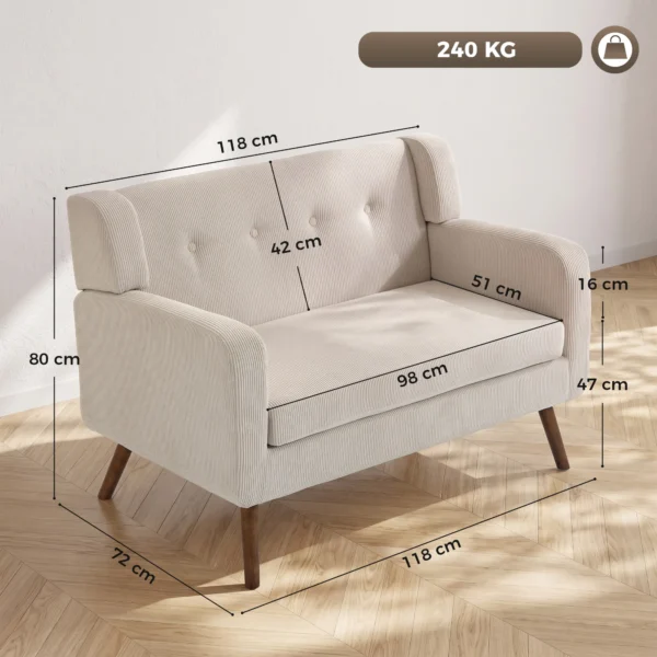 2 zits Bank Van 118 Cm Met Corduroy look, Knoopstiksels Comfortabele Moderne Gestoffeerde Bank Met Houten Poten Voor Kleine Ruimtes