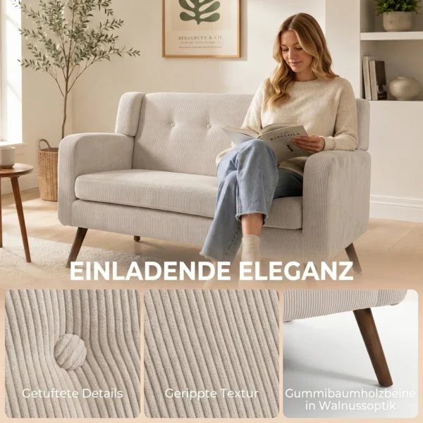 2 zits Bank Van 118 Cm Met Corduroy look, Knoopstiksels Comfortabele Moderne Gestoffeerde Bank Met Houten Poten Voor Kleine Ruimtes