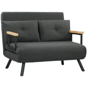 2 zits Slaapbank Met Slaapfunctie, Inclusief 2 Kussens, Sherpa look, Natuur + Donkergrijs + Zwart