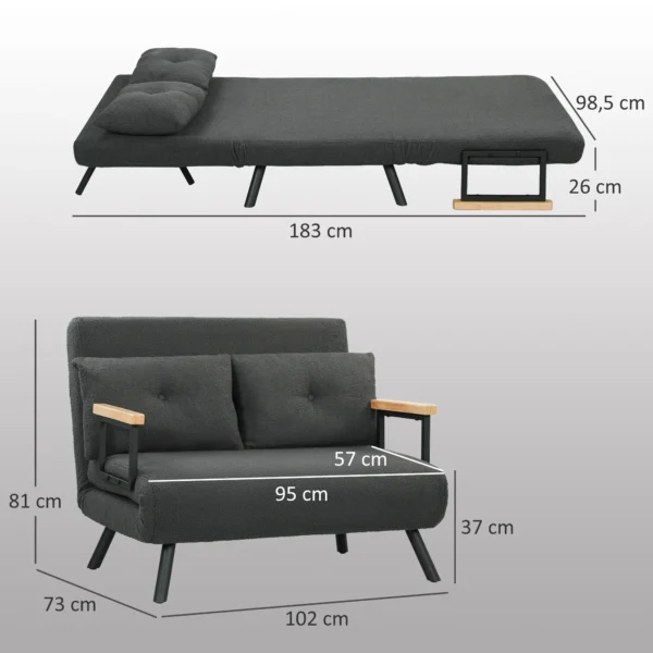 2 zits Slaapbank Met Slaapfunctie, Inclusief 2 Kussens, Sherpa look, Natuur + Donkergrijs + Zwart