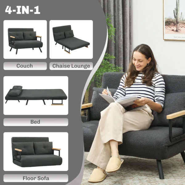 2 zits Slaapbank Met Slaapfunctie, Inclusief 2 Kussens, Sherpa look, Natuur + Donkergrijs + Zwart