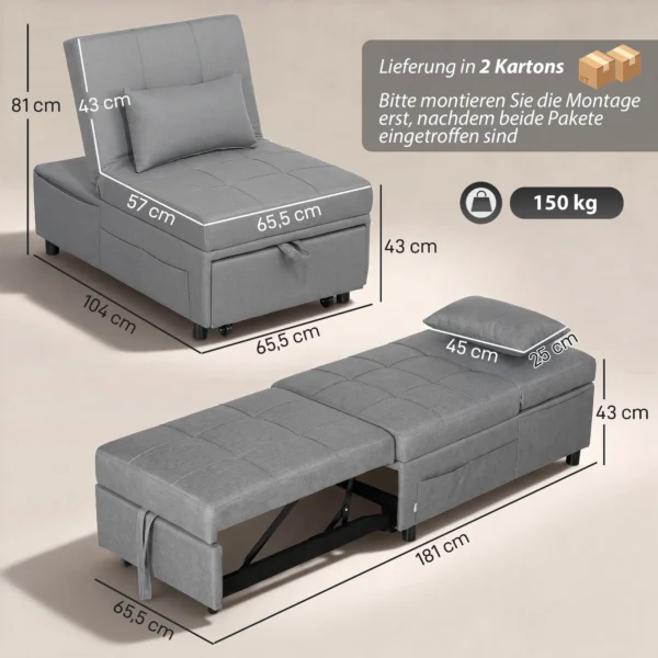 3 in 1 Klappsessel Mit Seitentasche, Gästebett Mit Kissen, Verstellbarer Rückenlehne, Bettsessel Mit Rollen, Hellgrau
