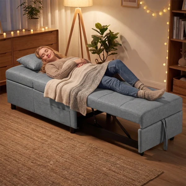 3 in 1 Klappsessel Mit Seitentasche, Gästebett Mit Kissen, Verstellbarer Rückenlehne, Bettsessel Mit Rollen, Hellgrau