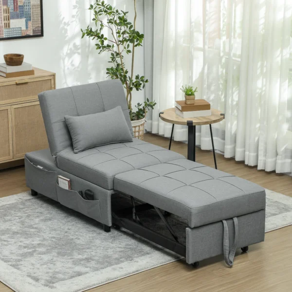 3 in 1 Klappsessel Mit Seitentasche, Gästebett Mit Kissen, Verstellbarer Rückenlehne, Bettsessel Mit Rollen, Hellgrau