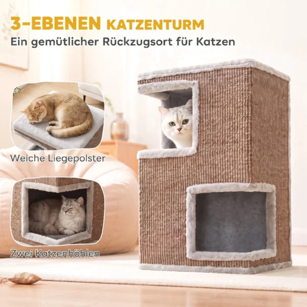 3 stöckiges Katzentonne Für Drinnen, Halbgeschlossene Katzenhöhle Mit Kratzflächen Rundum, 2 Katzenhöhlen