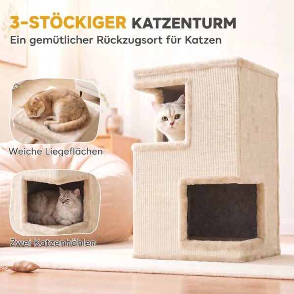 3 stöckiges Katzentonne Für Drinnen, Halbgeschlossene Katzenhöhle Mit Kratzflächen Rundum, 2 Katzenhöhlen