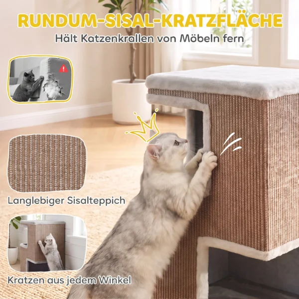 3 stöckiges Katzentonne Für Drinnen, Halbgeschlossene Katzenhöhle Mit Kratzflächen Rundum, 2 Katzenhöhlen