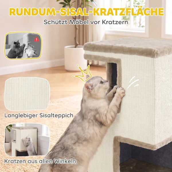 3 stöckiges Katzentonne Für Drinnen, Halbgeschlossene Katzenhöhle Mit Kratzflächen Rundum, 2 Katzenhöhlen