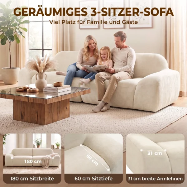 3 zitsbank, Afgerond En Zonder Frame, Met Royale Zitruimte, Dik Gestoffeerd, Geen Montage, Crèmewit