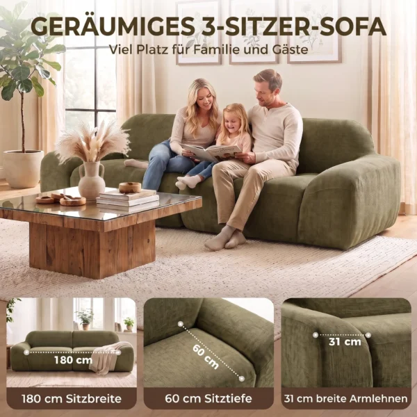 3 zitsbank, Afgerond En Zonder Frame, Met Royale Zitruimte, Dik Gestoffeerd, Geen Montage, Donkergroen