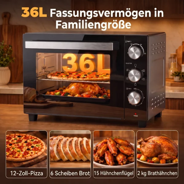 36 L Minioven Met Hetelucht, 90 230 °C Temperatuurregeling, 1500 W