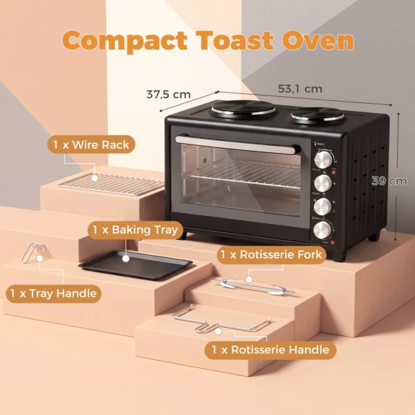 36L Mini oven Met 2 Kookplaten, Elektrische Tafeloven Met Convectie, 90–230 °C