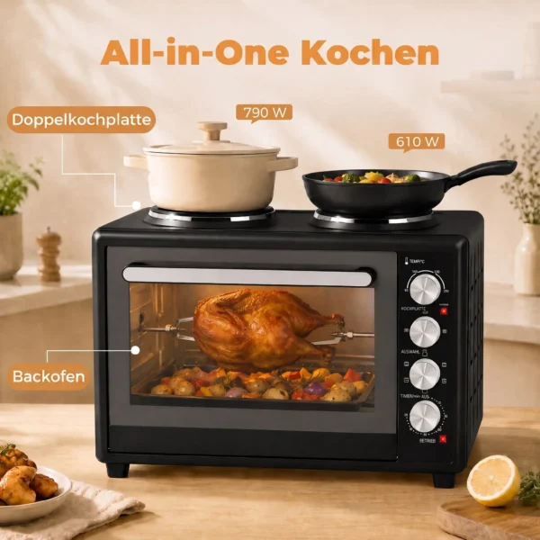 36L Mini oven Met 2 Kookplaten, Elektrische Tafeloven Met Convectie, 90–230 °C