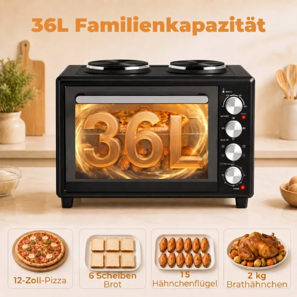 36L Mini oven Met 2 Kookplaten, Elektrische Tafeloven Met Convectie, 90–230 °C