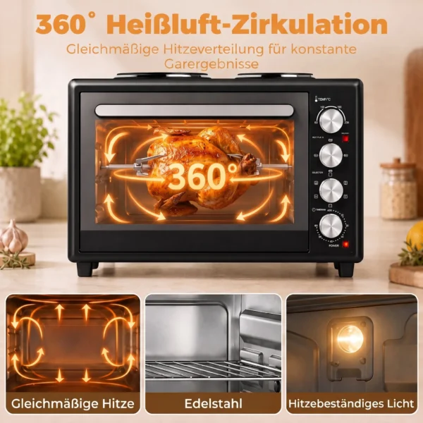 36L Mini oven Met 2 Kookplaten, Elektrische Tafeloven Met Convectie, 90–230 °C