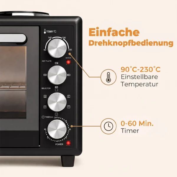 36L Mini oven Met 2 Kookplaten, Elektrische Tafeloven Met Convectie, 90–230 °C