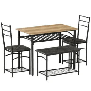 4 teiliges Essgruppen Set, Industrieller Küchentisch Mit 2 Stühlen Und Bank Für 4 Personen, Gepolsterte PU Leder Sitze, Braun