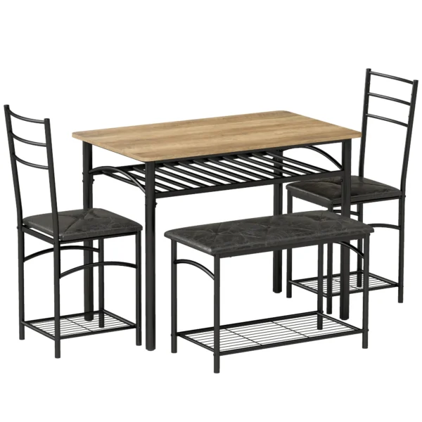 4 teiliges Essgruppen Set, Industrieller Küchentisch Mit 2 Stühlen Und Bank Für 4 Personen, Gepolsterte PU Leder Sitze, Braun