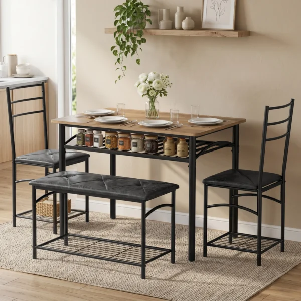 4 teiliges Essgruppen Set, Industrieller Küchentisch Mit 2 Stühlen Und Bank Für 4 Personen, Gepolsterte PU Leder Sitze, Braun