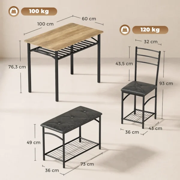 4 teiliges Essgruppen Set, Industrieller Küchentisch Mit 2 Stühlen Und Bank Für 4 Personen, Gepolsterte PU Leder Sitze, Braun