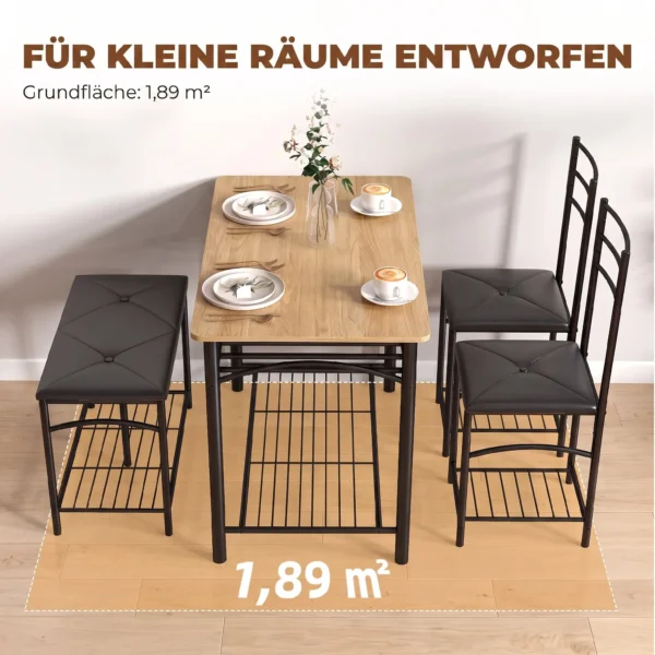 4 teiliges Essgruppen Set, Industrieller Küchentisch Mit 2 Stühlen Und Bank Für 4 Personen, Gepolsterte PU Leder Sitze, Braun