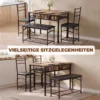 4 teiliges Essgruppen Set, Industrieller Küchentisch Mit 2 Stühlen Und Bank Für 4 Personen, Gepolsterte PU Leder Sitze, Braun