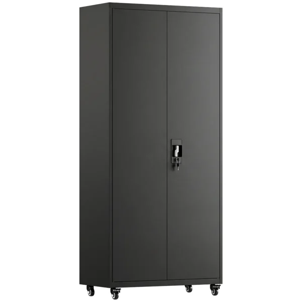 Aktenschrank, Abschließbar Metallschrank Mit Rollen, 5 Verstellbaren Ablagen, Aus Stahl, 80 X 40 X 180 Cm Schwarz