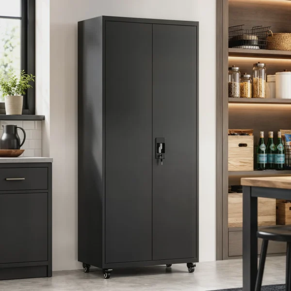 Aktenschrank, Abschließbar Metallschrank Mit Rollen, 5 Verstellbaren Ablagen, Aus Stahl, 80 X 40 X 180 Cm Schwarz