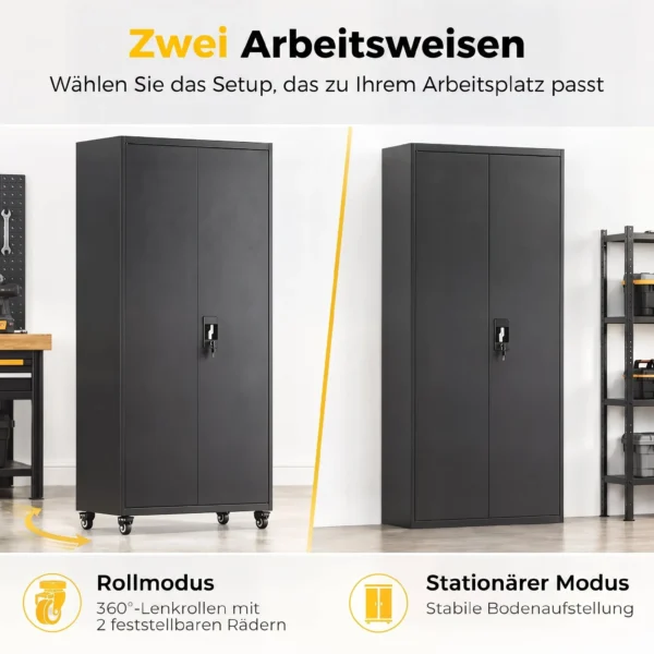 Aktenschrank, Abschließbar Metallschrank Mit Rollen, 5 Verstellbaren Ablagen, Aus Stahl, 80 X 40 X 180 Cm Schwarz