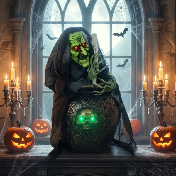 Animierte Halloween Tischhexe Mit Lachsound, Leuchtenden Augen Und Sound /Touch Aktivierung
