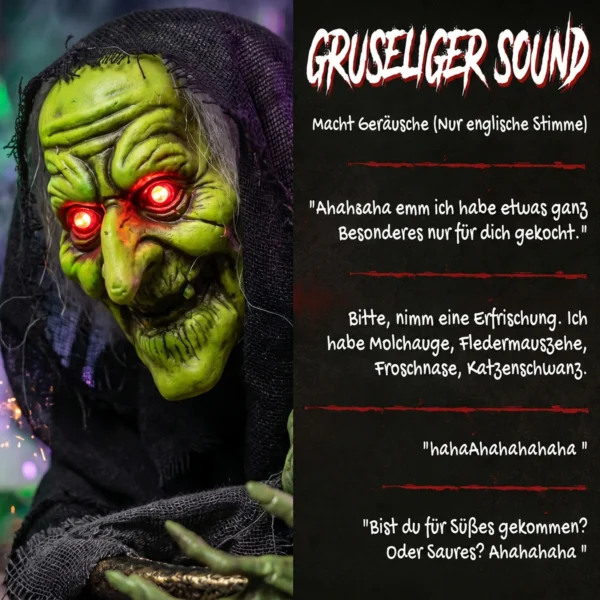 Animierte Halloween Tischhexe Mit Lachsound, Leuchtenden Augen Und Sound /Touch Aktivierung